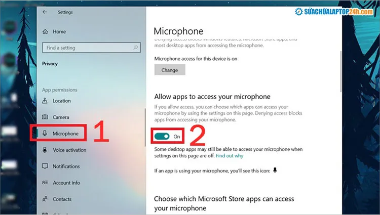 Bật On tại mục Allow apps to access your microphone